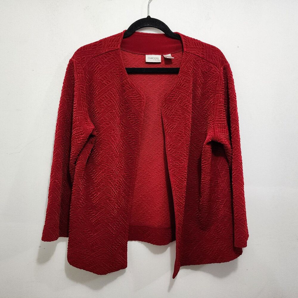 Chico's Travelers Cardigan Open Front Red Quilted Acetate Stretch Size XL/16